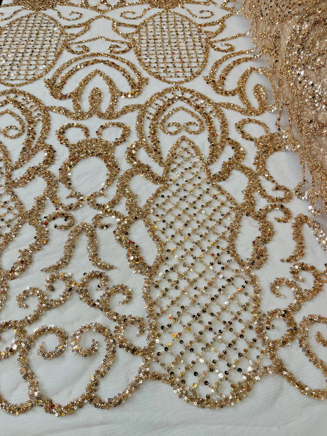 Beaded Fashion Design Fabric - Rose Gold - Beaded Embroidered Damask Style Fabric on Mesh By Yard