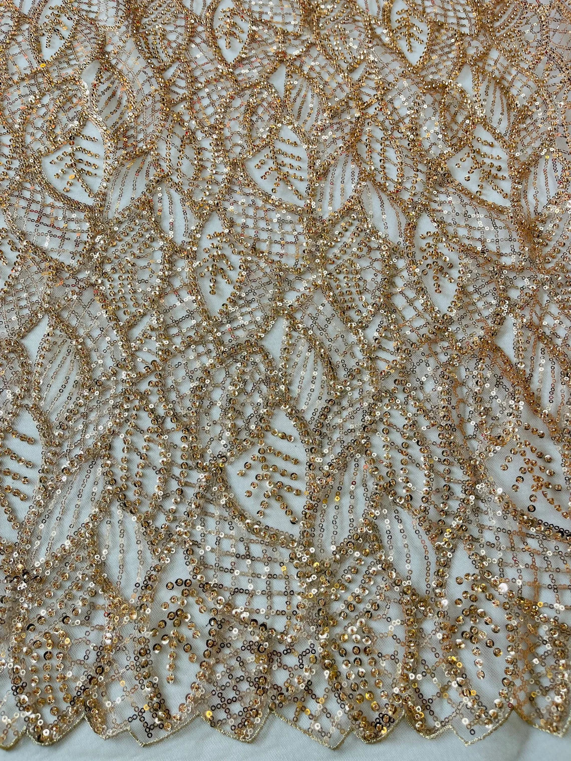 Beaded Leaf Designs Fabric - Rose Gold - Embroidered Beads in Leaves Pattern Sold By Yard