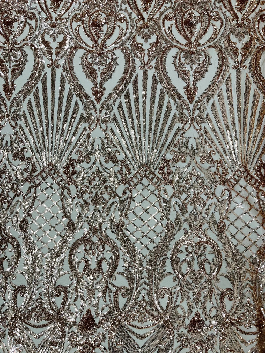 Damask Geometric Sequins - Rose Gold - 4 Way Stretch Sequins Damask Pattern Design Sold By Yard