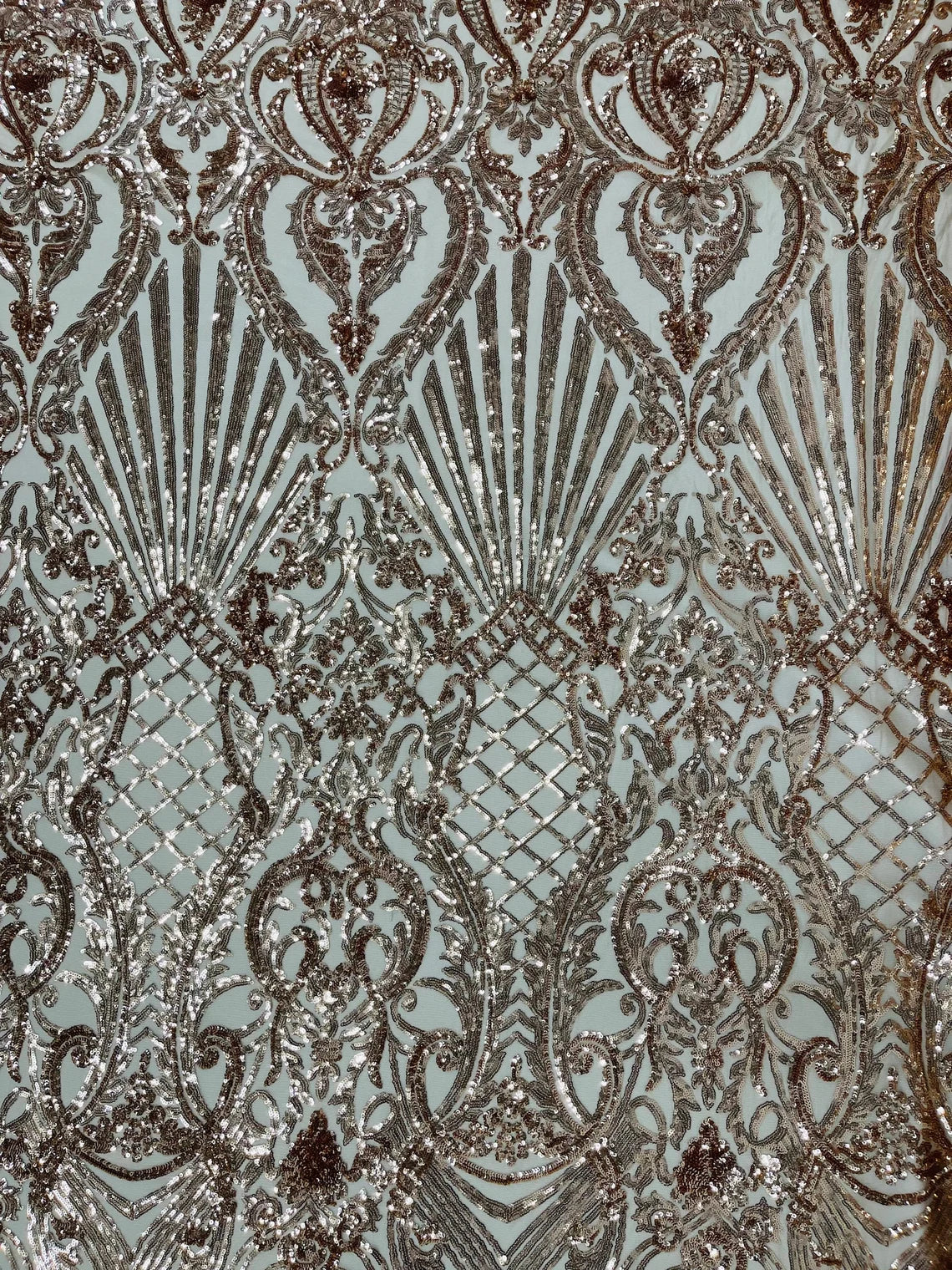 Damask Geometric Sequins - Rose Gold - 4 Way Stretch Sequins Damask Pattern Design Sold By Yard