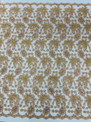 Corded Lace Floral Fabric - Rose Gold - Hologram Sequins Metallic Thread Floral Fabric by Yard