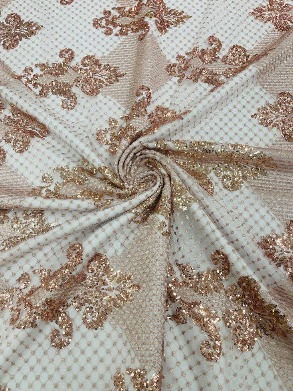 King Damask Design Fabric - Rose Gold - Embroidered Corded Mesh Lace Fabric with Sequins By Yard