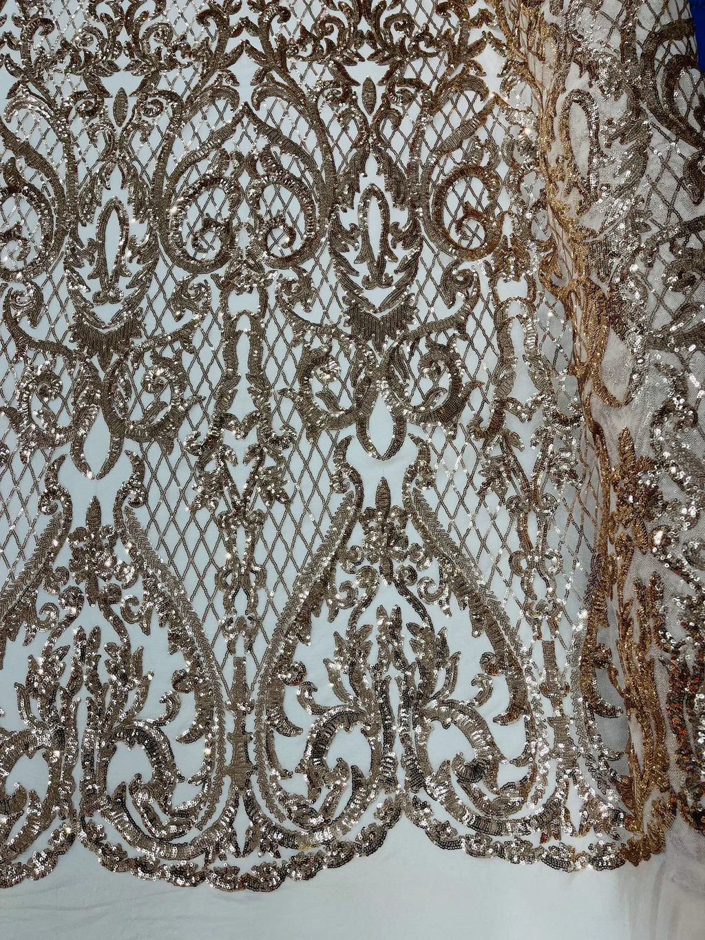 Heart Damask Sequins - Rose Gold - 4 Way Stretch Elegant Shiny Net Sequins Fabric By Yard