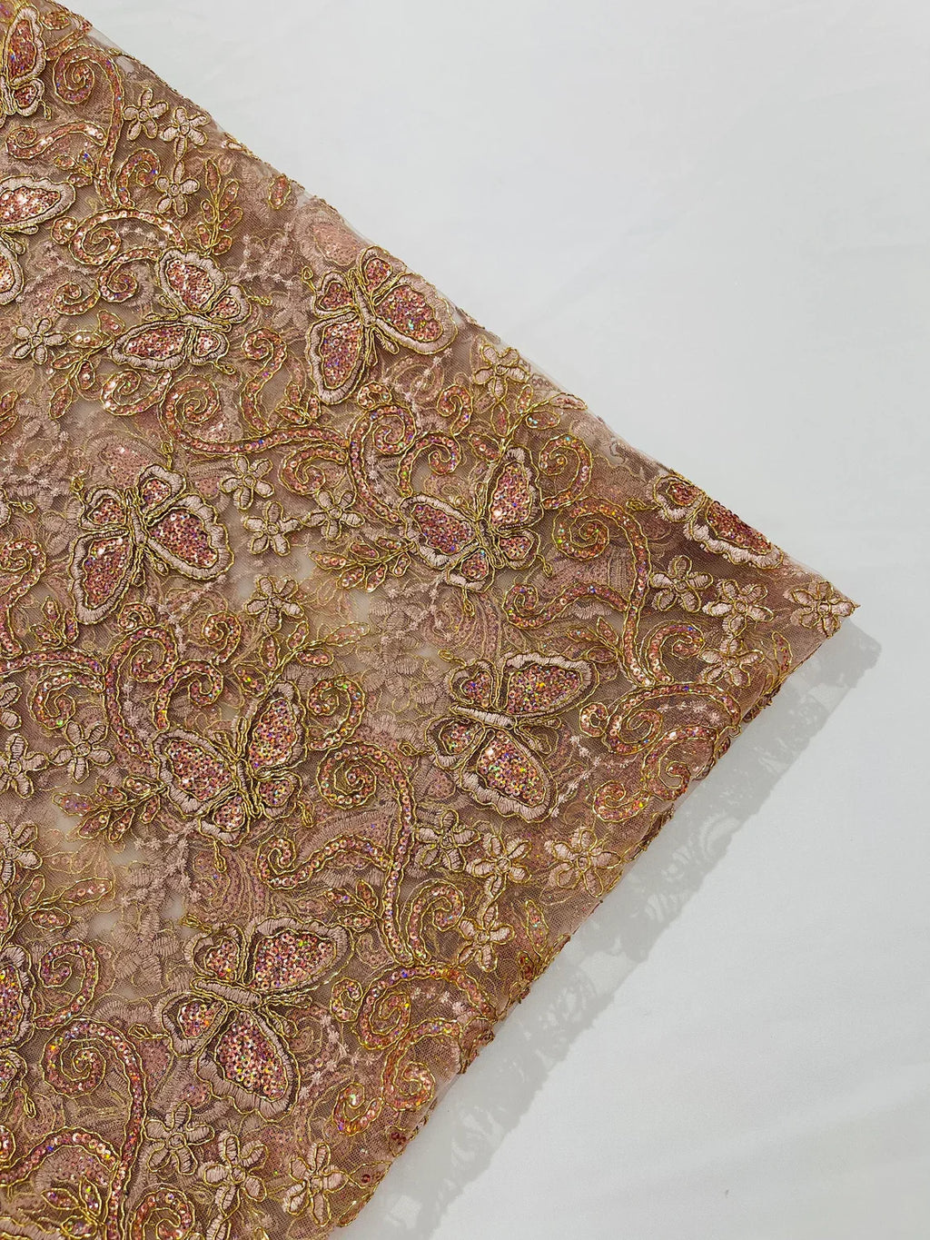 Butterfly Swirl Lace Fabric - Rose Gold - Metallic Sequins Design on Lace Fabric By Yard