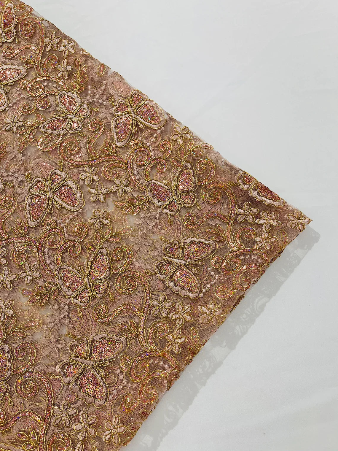 Butterfly Swirl Lace Fabric - Rose Gold - Metallic Sequins Design on Lace Fabric By Yard
