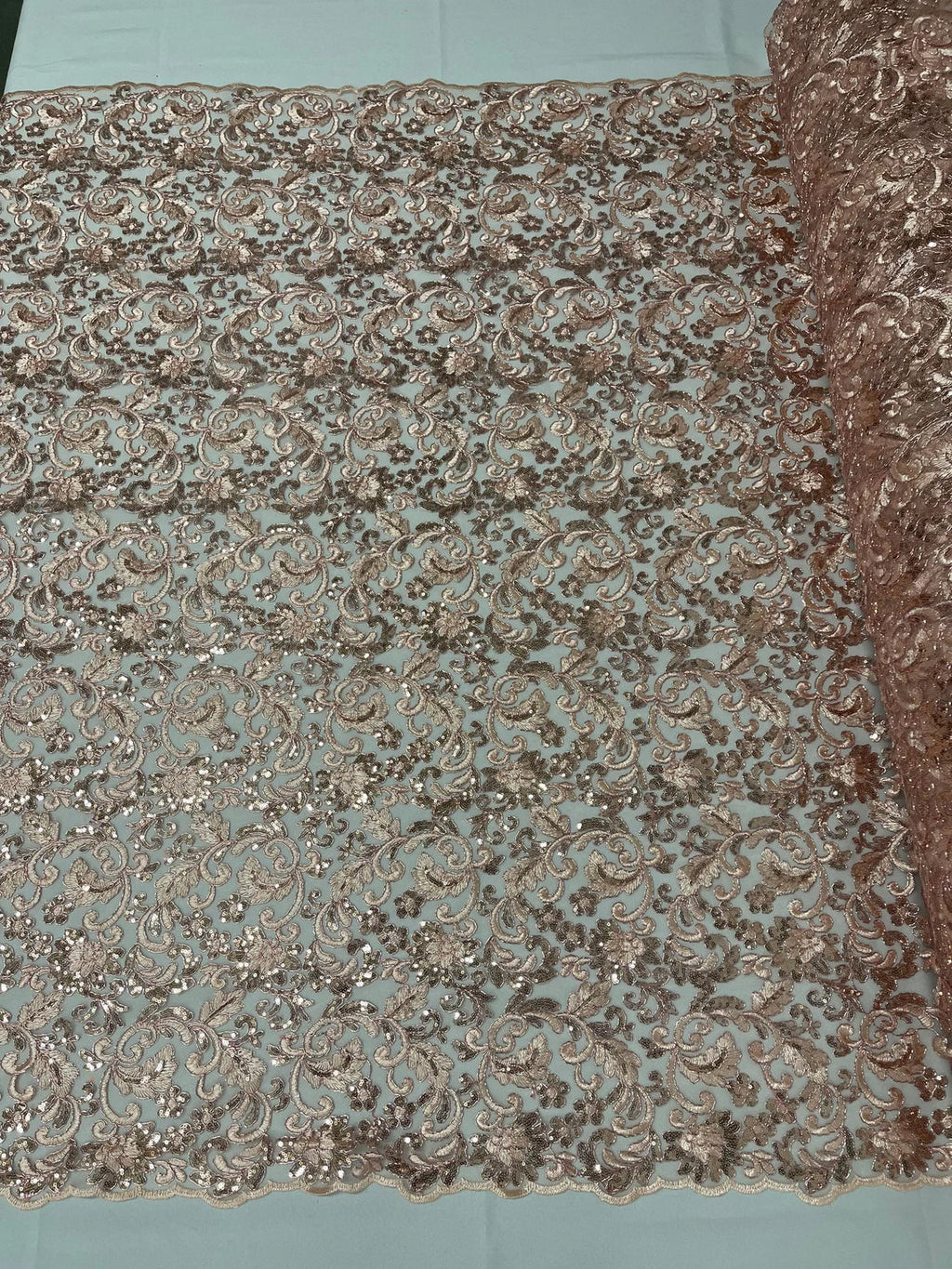 Metallic Floral Lace Fabric - Rose Gold - Embroidered Sequins Floral Design Sold By Yard