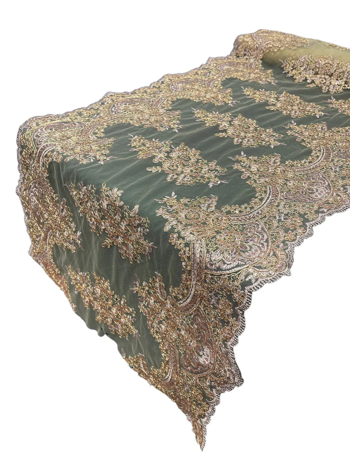 21" Floral Lace Metallic Design Table Runner - Rose Gold - Floral Runner for Event Decor Sold By The Yard