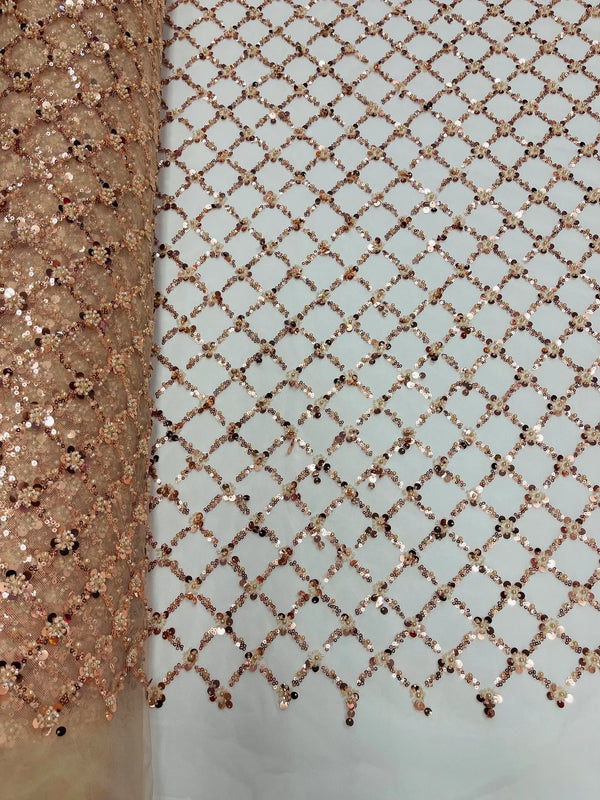 Beaded Diamond Net Fabric - Rose Gold - Embroidered Geometric Beaded Sequins Fabric Sold By Yard