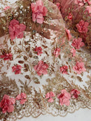 3D Big Flower Glitter Fabric - Rose Gold - Floral Glitter Sequin Design on Lace Mesh Fabric by Yard