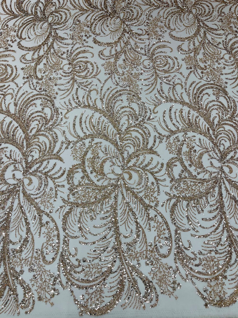 Glitter Palm Leaf Design Fabric - Rose Gold - Tulle Mesh Glitter Leaf Design Fabric Sold By Yard