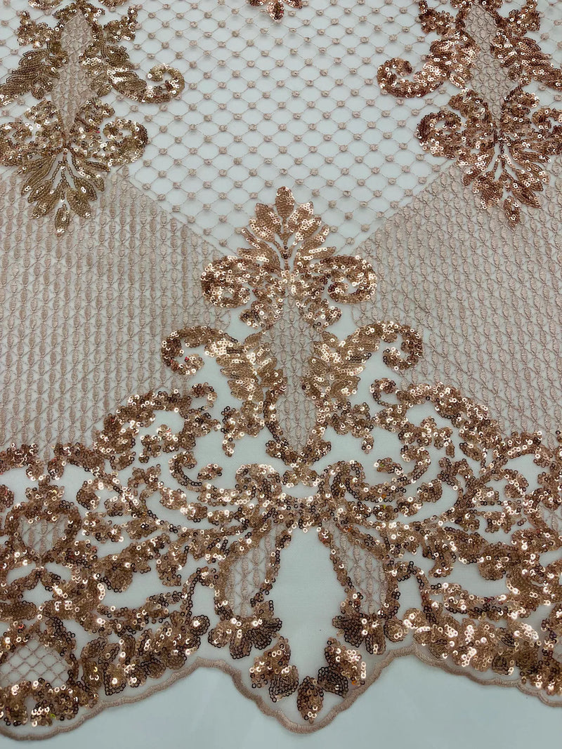 King Damask Design Fabric - Rose Gold - Embroidered Corded Mesh Lace Fabric with Sequins By Yard