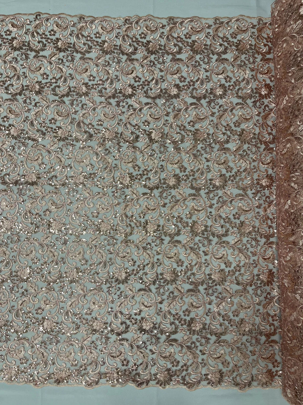 Metallic Floral Lace Fabric - Rose Gold - Embroidered Sequins Floral Design Sold By Yard