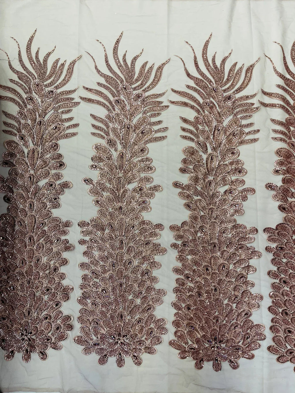 3D Beaded Peacock Feathers - Rose Gold - Vegas Design Embroidered Sequins and Beads On a Mesh Lace Fabric (Choose The Panels)