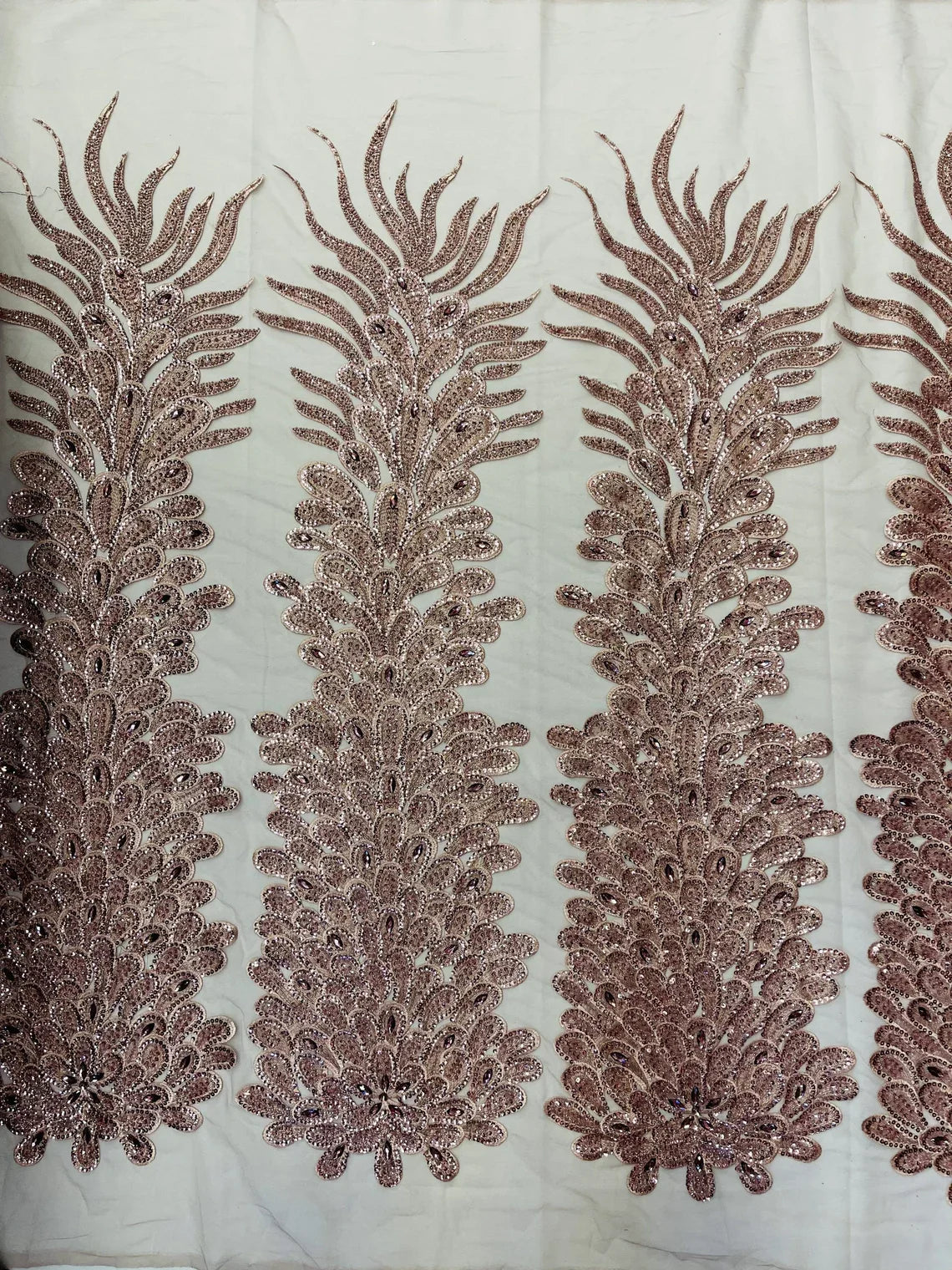 3D Beaded Peacock Feathers - Rose Gold - Vegas Design Embroidered Sequins and Beads On a Mesh Lace Fabric (Choose The Panels)