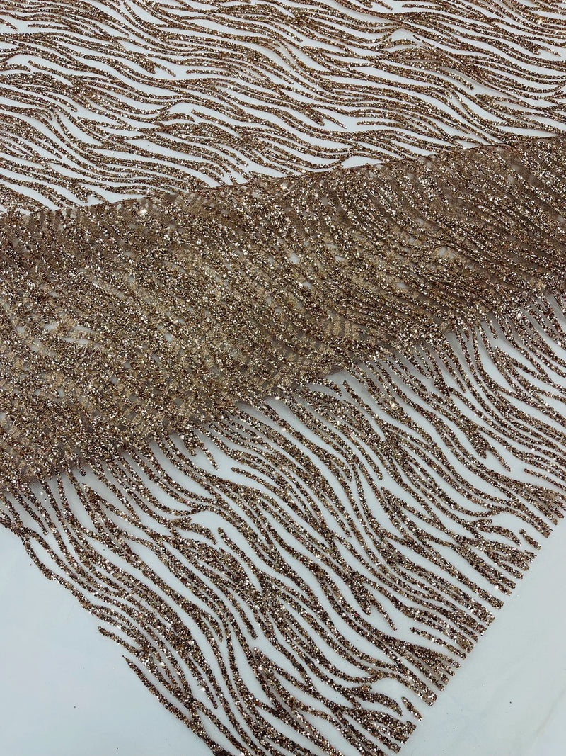 Zebra Stripe Glitter Fabric - Rose Gold - Glitter Design Zebra Lines on Lace Fabric By Yard