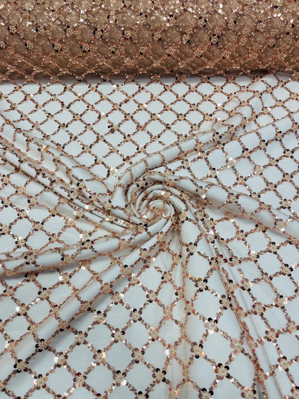 Beaded Diamond Net Fabric - Rose Gold - Embroidered Geometric Beaded Sequins Fabric Sold By Yard