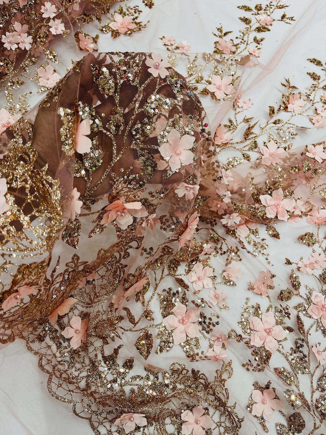 3D Flower Glitter Fabric - Rose Gold - Floral Glitter Sequin Design on Lace Mesh Fabric by Yard
