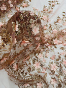 3D Flower Glitter Fabric - Rose Gold - Floral Glitter Sequin Design on Lace Mesh Fabric by Yard