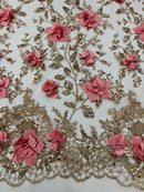 3D Big Flower Glitter Fabric - Rose Gold - Floral Glitter Sequin Design on Lace Mesh Fabric by Yard