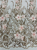 3D Glitter Floral Design Fabric - Rose Gold - Floral Line Design Embroidered Sequins Fabric by Yard