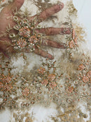 Beaded Flower Cluster Fabric - Rose Gold - Beaded Floral Gaviota Design Embroidered On Mesh Sold By Yard