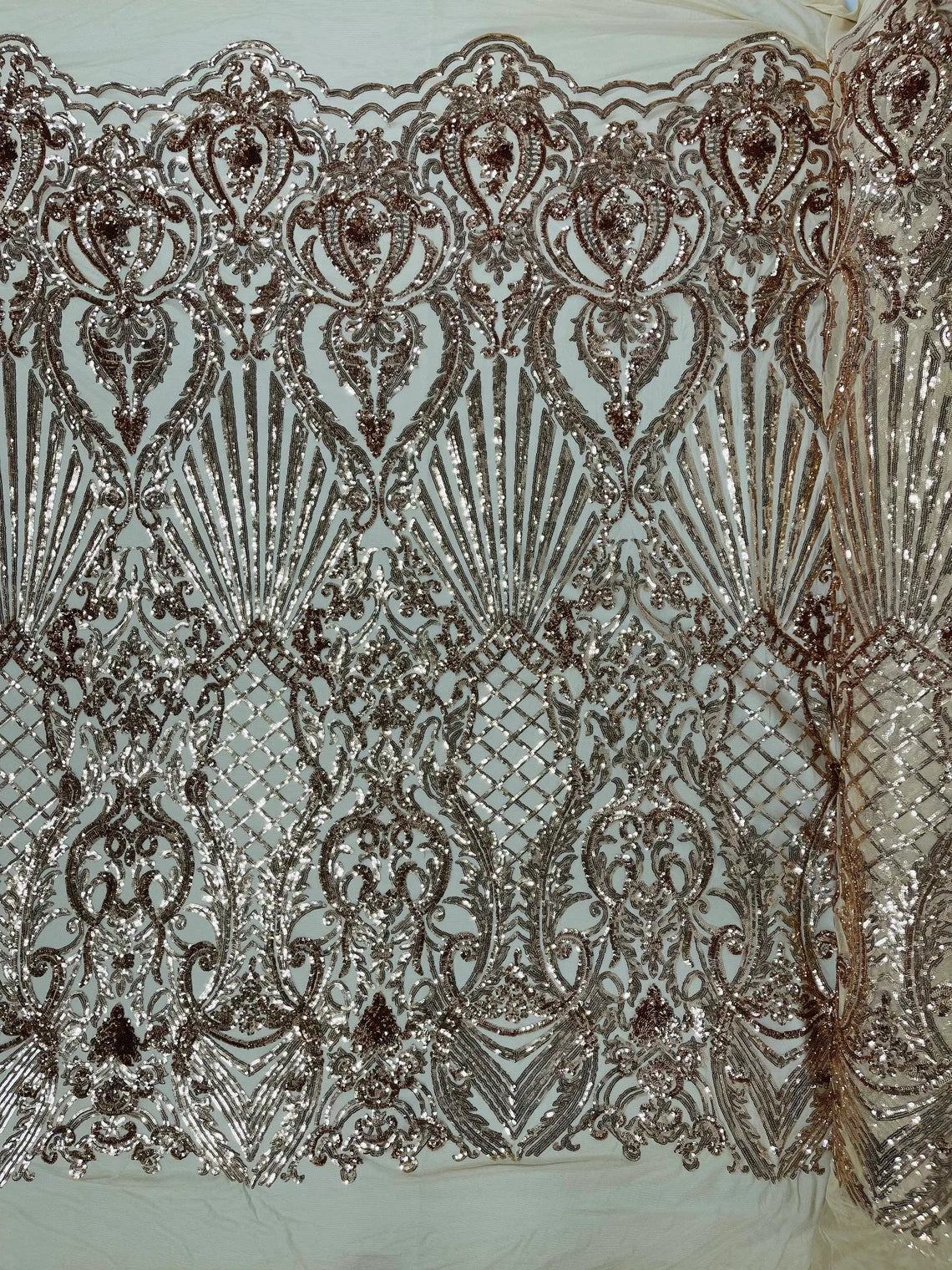 Damask Geometric Sequins - Rose Gold - 4 Way Stretch Sequins Damask Pattern Design Sold By Yard