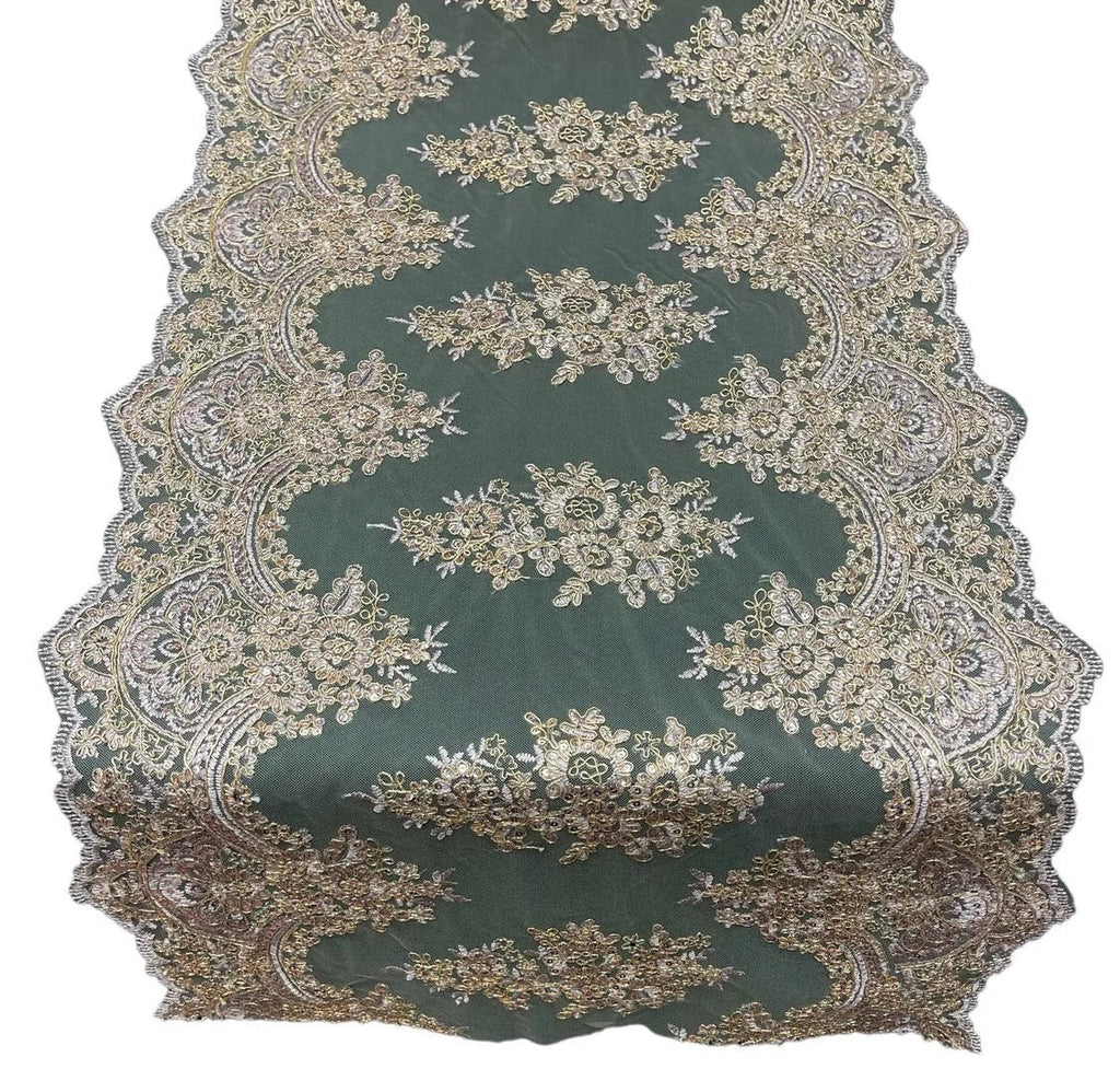 21" Floral Lace Metallic Design Table Runner - Rose Gold - Floral Runner for Event Decor Sold By The Yard