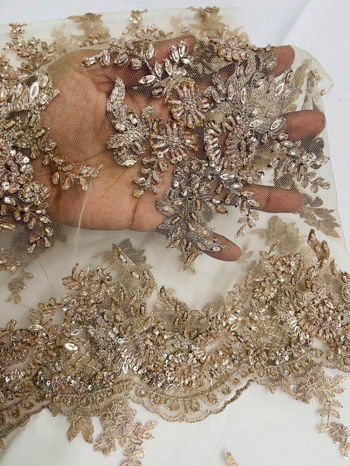 Floral Leaf Beaded Fabric - Rose Gold - Embroidered Flower Leaf Design Beaded Fabric By Yard