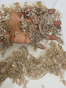 Floral Leaf Beaded Fabric - Rose Gold - Embroidered Flower Leaf Design Beaded Fabric By Yard