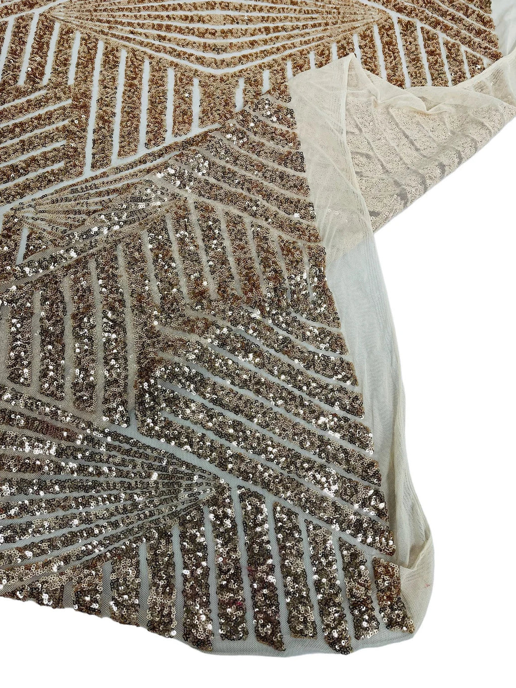 4 Way Stretch - Rose Gold - Geometric Design Sequins On Mesh Elegant Fabrics Sold By Yard