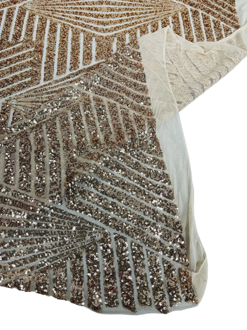 4 Way Stretch - Rose Gold - Geometric Design Sequins On Mesh Elegant Fabrics Sold By Yard
