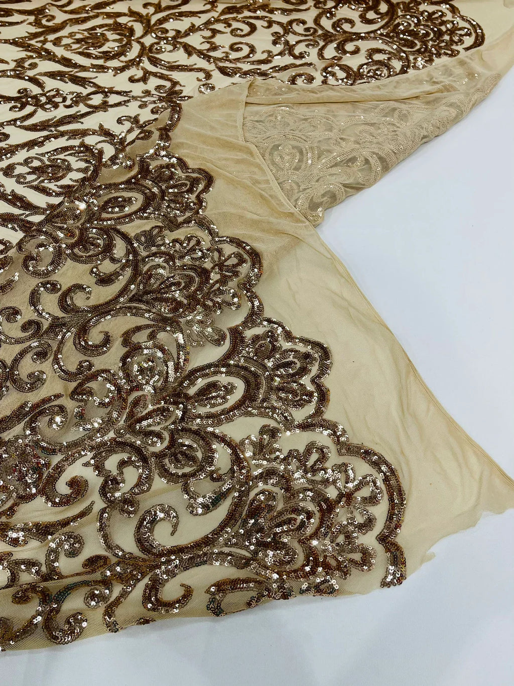 Damask Decor Sequins - Rose Gold - 4 Way Stretch Design High Quality Fabric By Yard