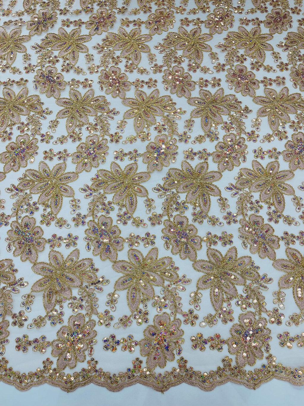 Corded Lace Floral Fabric - Rose Gold - Hologram Sequins Metallic Thread Floral Fabric by Yard