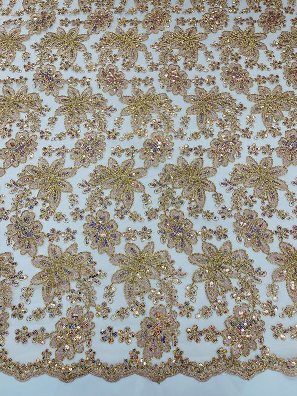 Corded Lace Floral Fabric - Rose Gold - Hologram Sequins Metallic Thread Floral Fabric by Yard