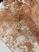 Butterfly Swirl Lace Fabric - Rose Gold - Metallic Sequins Design on Lace Fabric By Yard