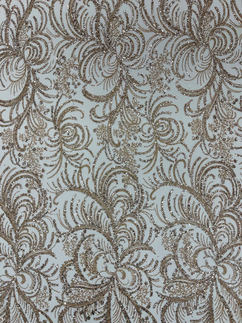 Glitter Palm Leaf Design Fabric - Rose Gold - Tulle Mesh Glitter Leaf Design Fabric Sold By Yard