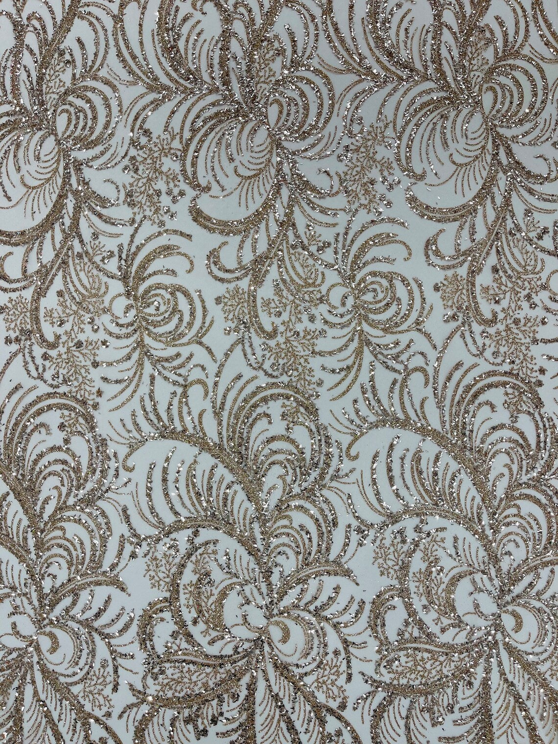 Glitter Palm Leaf Design Fabric - Rose Gold - Tulle Mesh Glitter Leaf Design Fabric Sold By Yard