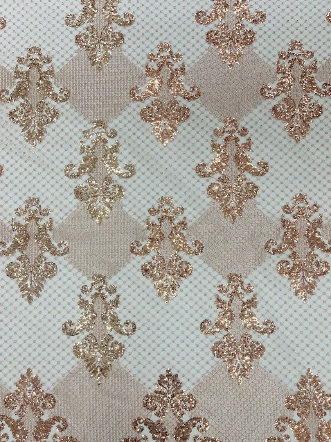 King Damask Design Fabric - Rose Gold - Embroidered Corded Mesh Lace Fabric with Sequins By Yard