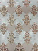King Damask Design Fabric - Rose Gold - Embroidered Corded Mesh Lace Fabric with Sequins By Yard