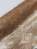 Beaded Lines Fabric - Rose Gold - Luxury Beads and Sequins Line Design Fabric By Yard