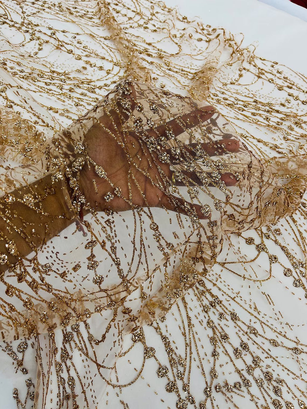 Tulle Glitter Fancy Line Fabric - Rose Gold - Tulle Fabric with Sparkle Glitter Design Sold By Yard