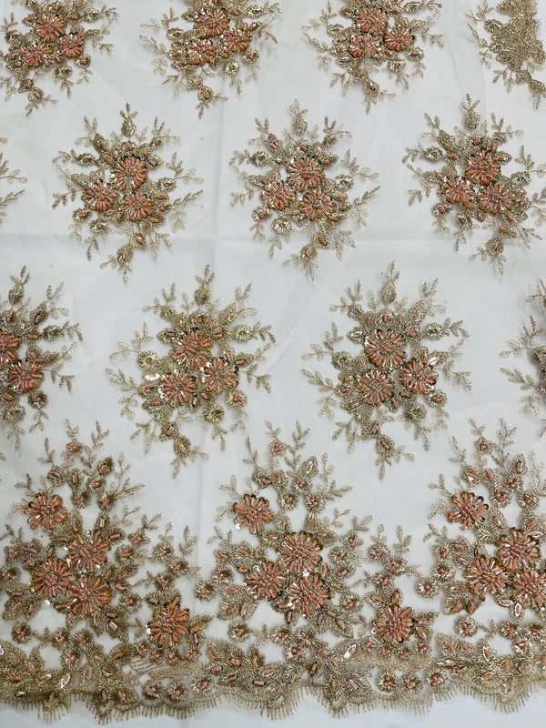 Beaded Flower Cluster Fabric - Rose Gold - Beaded Floral Gaviota Design Embroidered On Mesh Sold By Yard