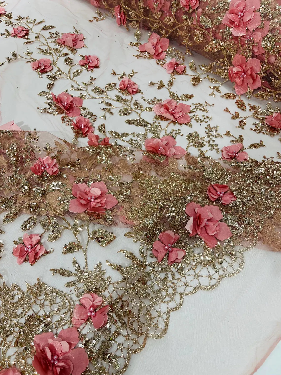3D Big Flower Glitter Fabric - Rose Gold - Floral Glitter Sequin Design on Lace Mesh Fabric by Yard