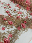 3D Big Flower Glitter Fabric - Rose Gold - Floral Glitter Sequin Design on Lace Mesh Fabric by Yard