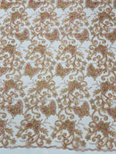 Butterfly Swirl Lace Fabric - Rose Gold - Metallic Sequins Design on Lace Fabric By Yard