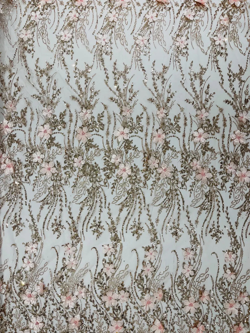 3D Glitter Floral Design Fabric - Rose Gold - Floral Line Design Embroidered Sequins Fabric by Yard