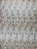 3D Glitter Floral Design Fabric - Rose Gold - Floral Line Design Embroidered Sequins Fabric by Yard