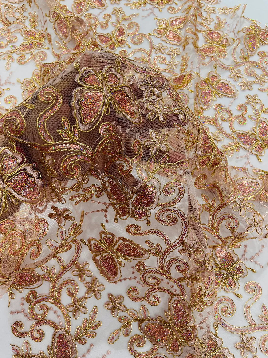Butterfly Swirl Lace Fabric - Rose Gold - Metallic Sequins Design on Lace Fabric By Yard