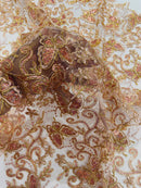 Butterfly Swirl Lace Fabric - Rose Gold - Metallic Sequins Design on Lace Fabric By Yard