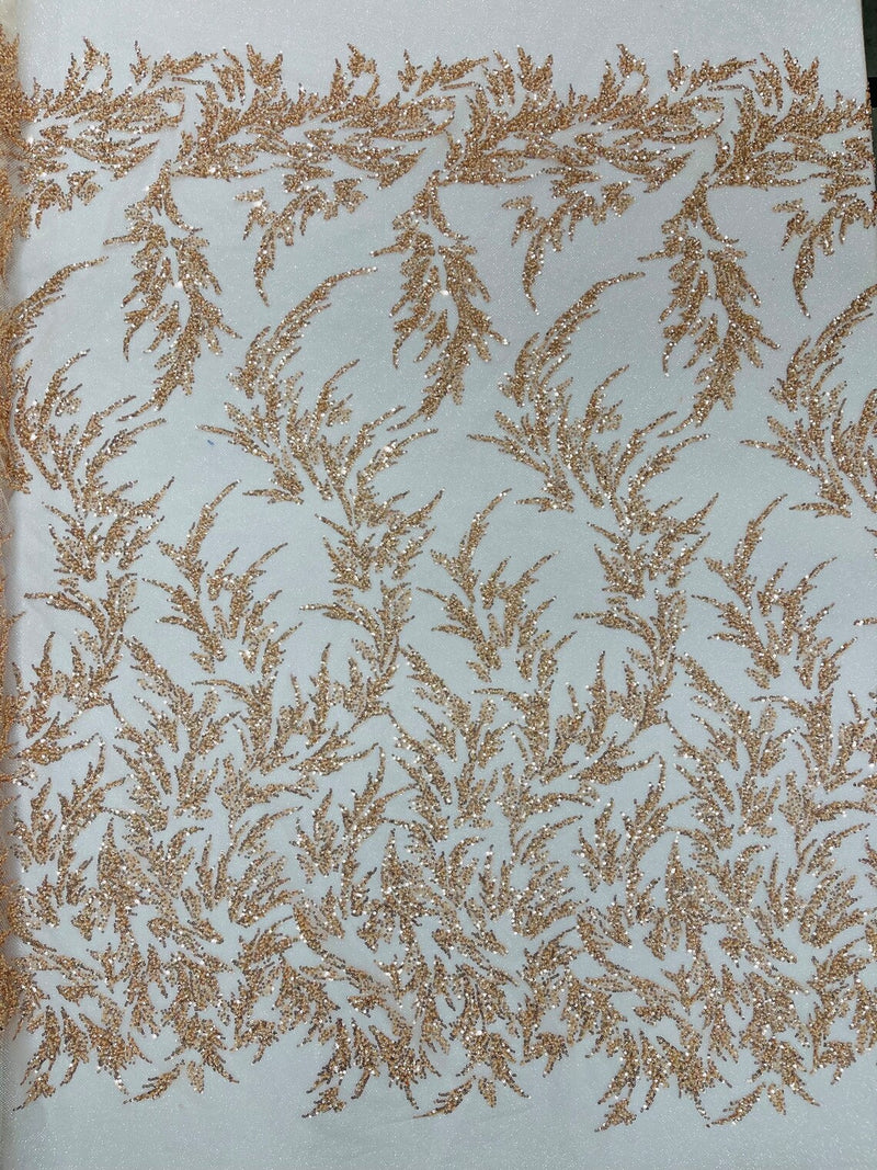Leaf Plant Glitter Design Fabric - Rose Gold - Beaded Embroidered Leaves Design on Mesh By Yard